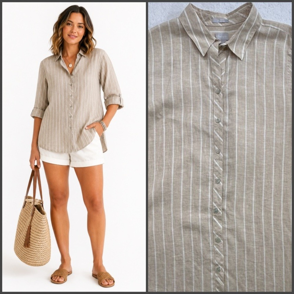 Chicos 100% Linen Striped Tunic Top No Iron Coastal Chic Fisherman Size 14 NEW